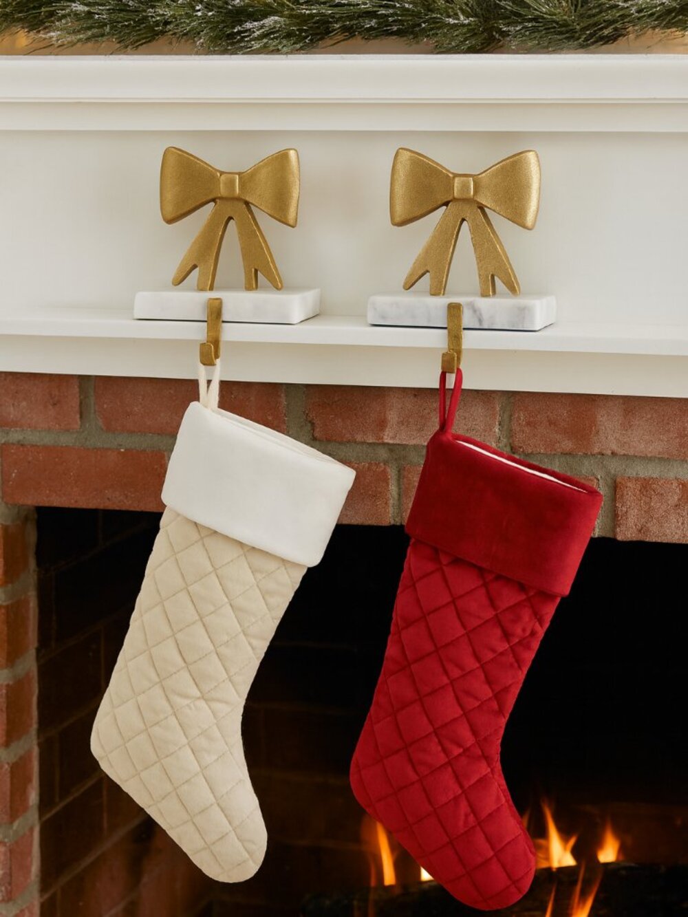 Balsam & Fir Gold Bow Stocking Holders with Marble Base - Set of 2